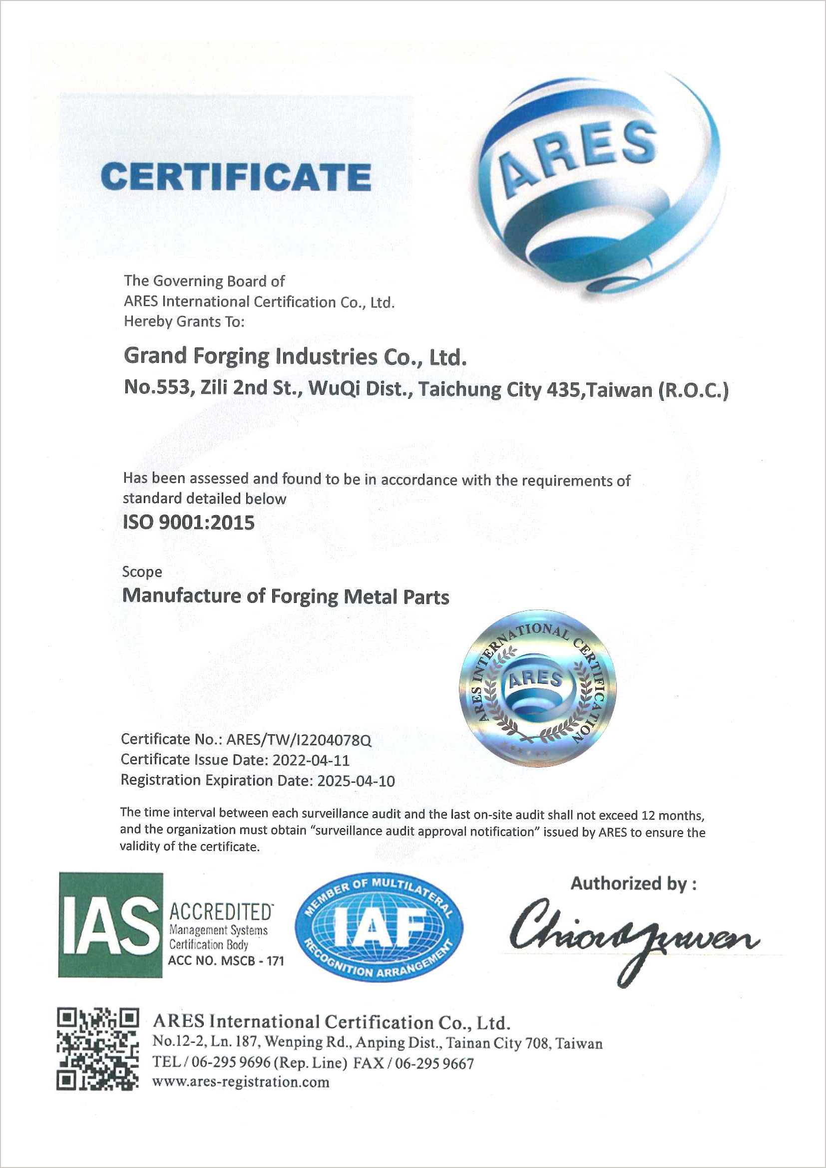 Certificates ISO 9001 : 2015