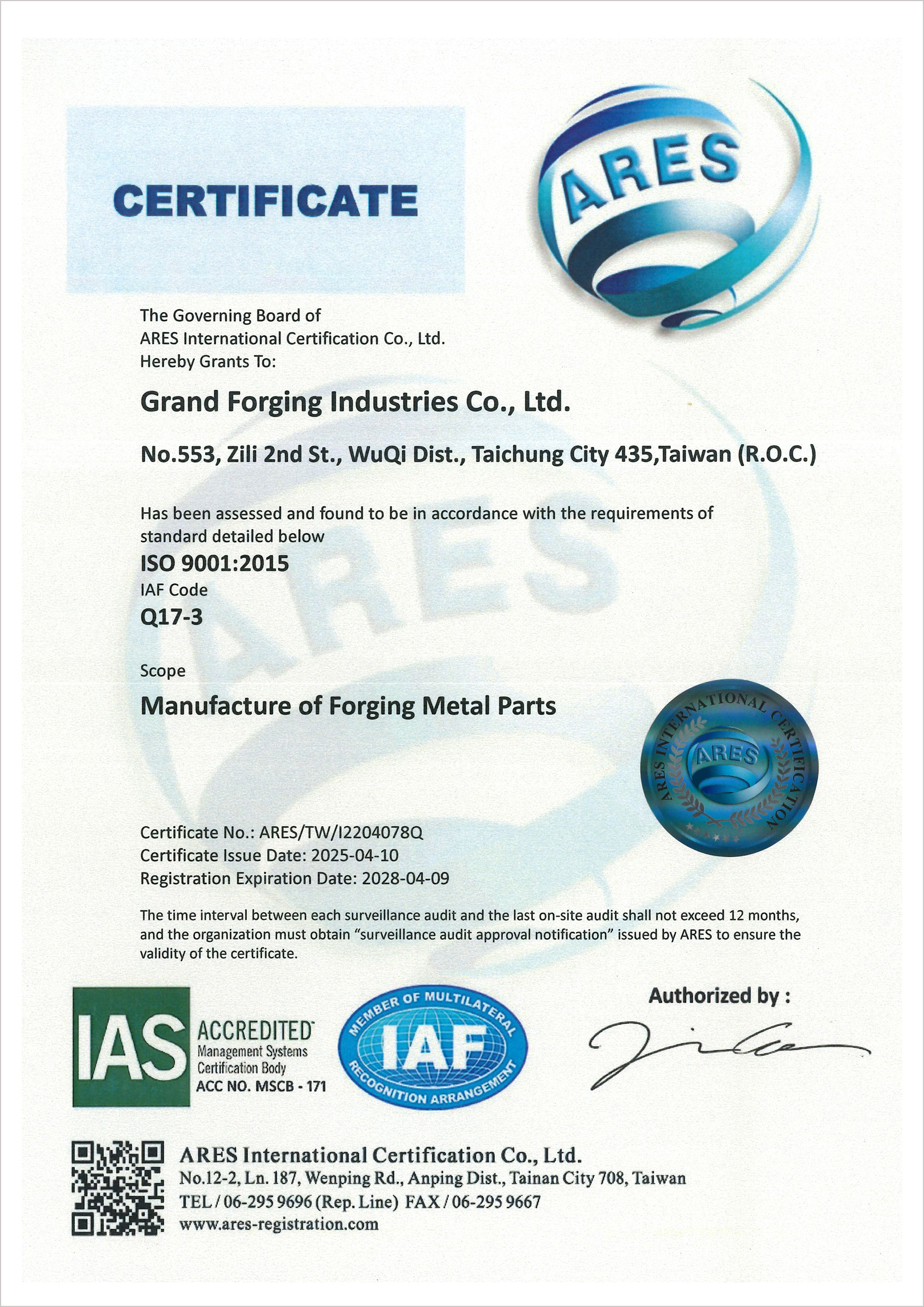 Certificates ISO 9001 : 2015